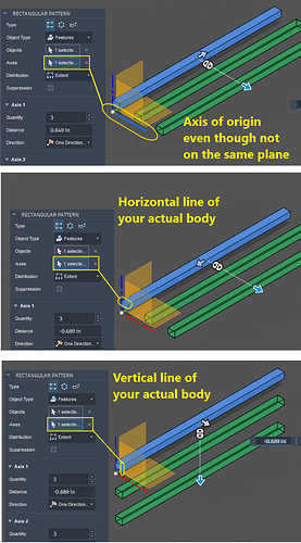 Axes for rectangular patterns in Fusion