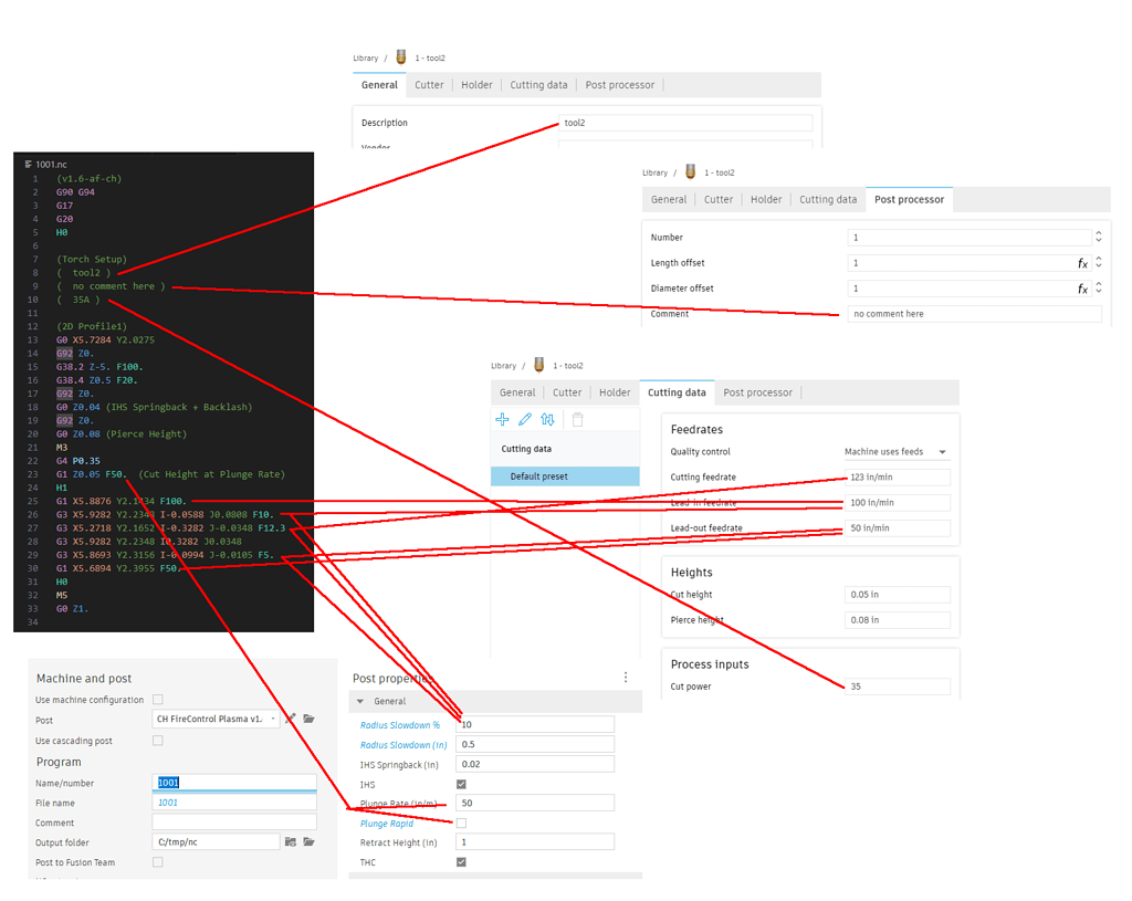 Fusion 360 plasma post mods added tool settings, small circle speed